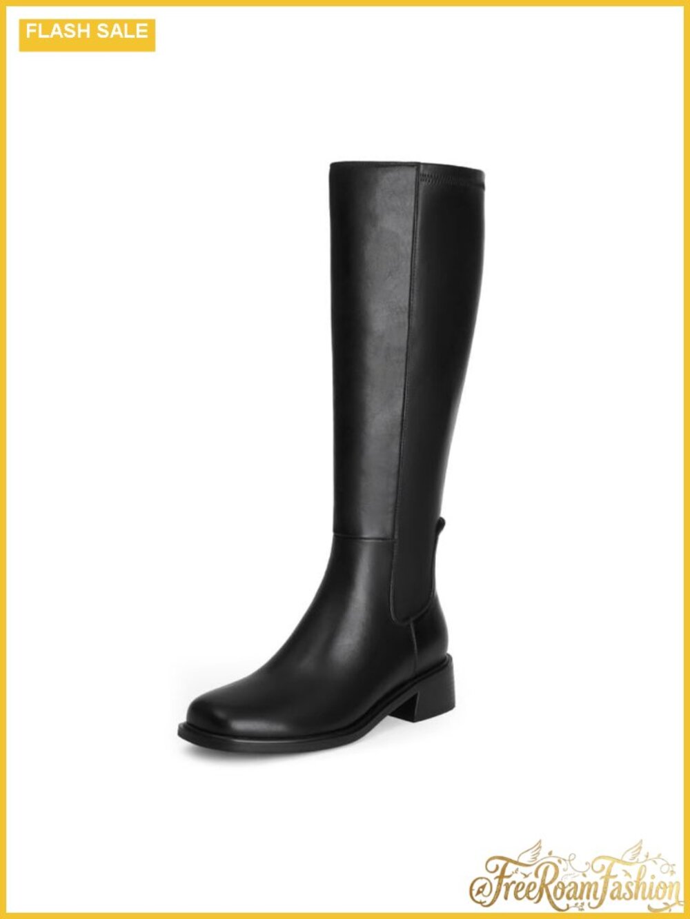 Women's Knee High Boots Low Heel Flat Faux Leather Stretch Square Toe